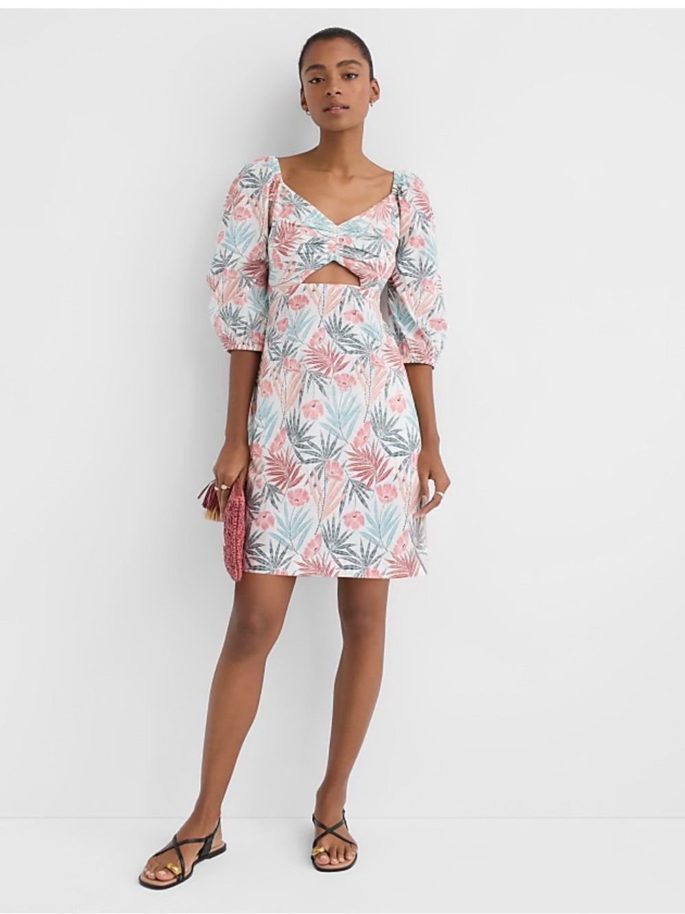 LOFT Pink and Light Blue Tropical Print Puff-Sleeve Cutout Dress